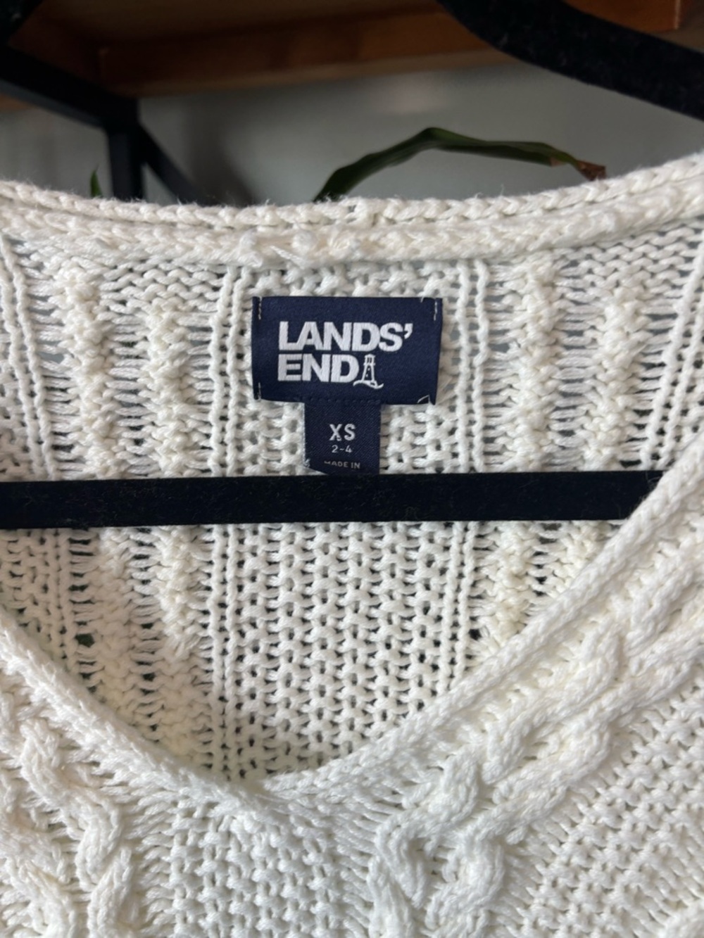 Lands' End Ivory Cable-Knit Fisherman V-Neck Sweater | XS - Picture 3 of 5